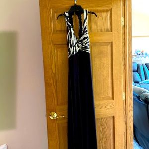 Black and white formal gown with short train